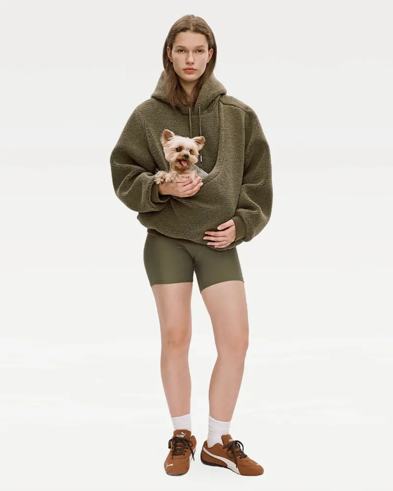 Unisex Fleece Hoodie With Built-In Kangaroo Pouch Dog Carrier In Olive 1