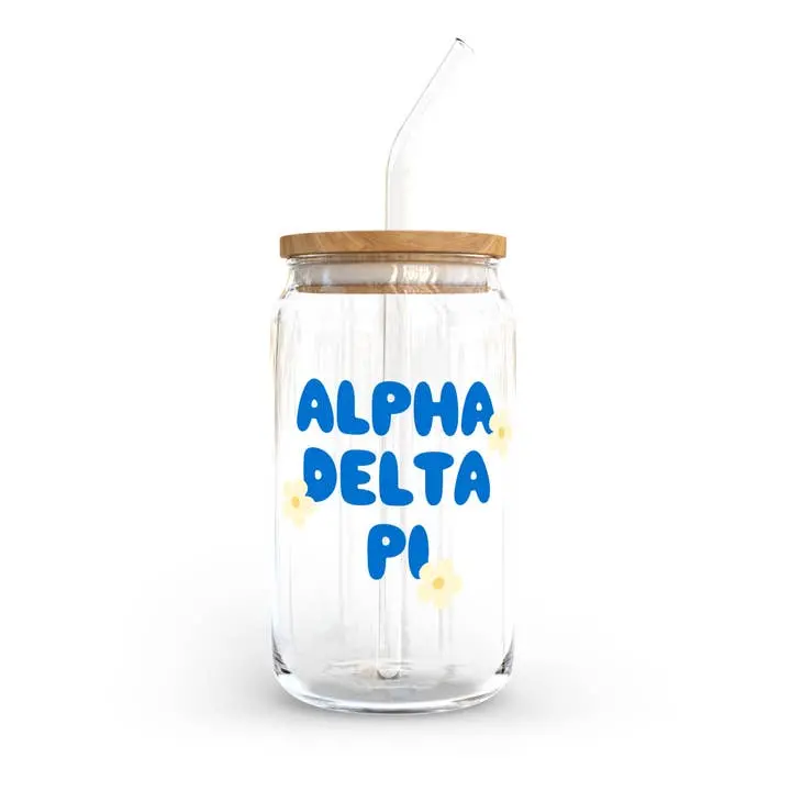 Alpha Delta Pi Glass Cup With Yellow Flowers 1