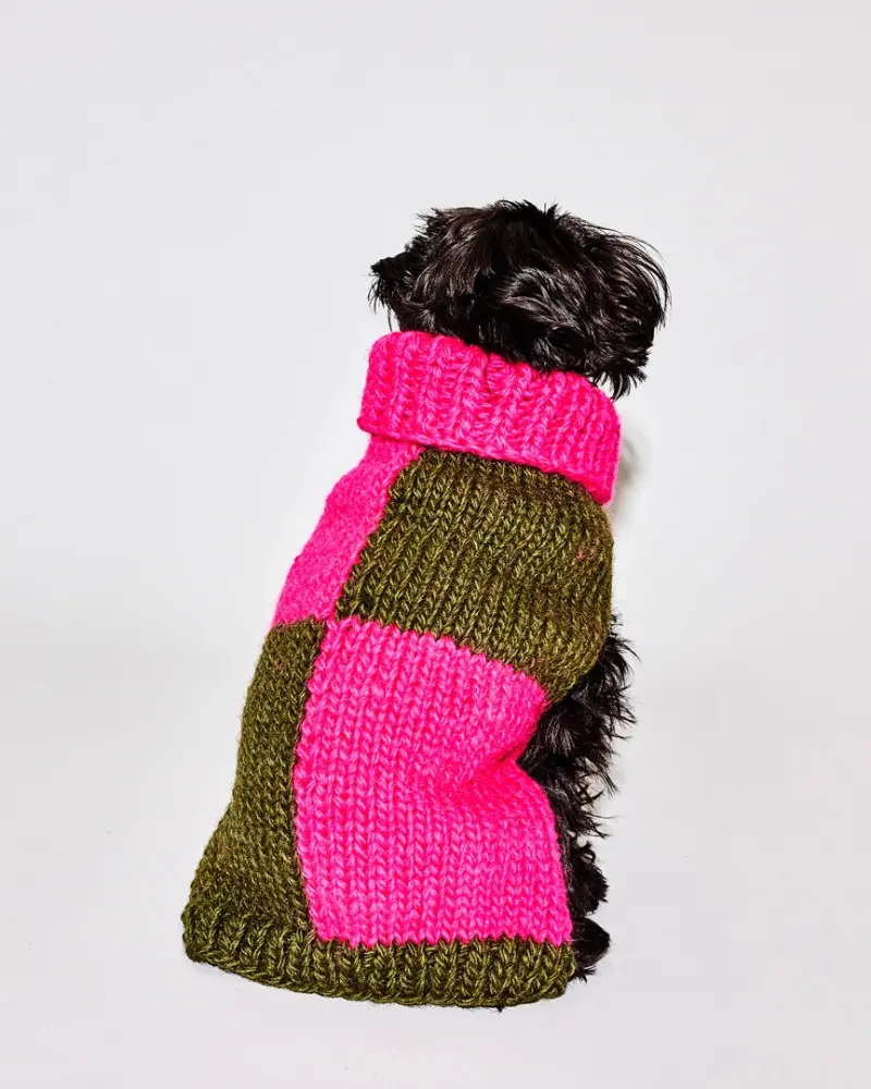 Hand Knit Checkered Wool Dog Sweater (Pink & Green) (Final Sale) 1