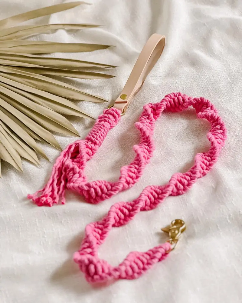 Macrame And Leather Dog Leash In Hot Pink (Made In The Usa) 1