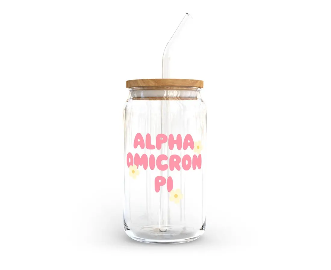 Alpha Omicron Pi Glass Cup With Yellow Flowers 1