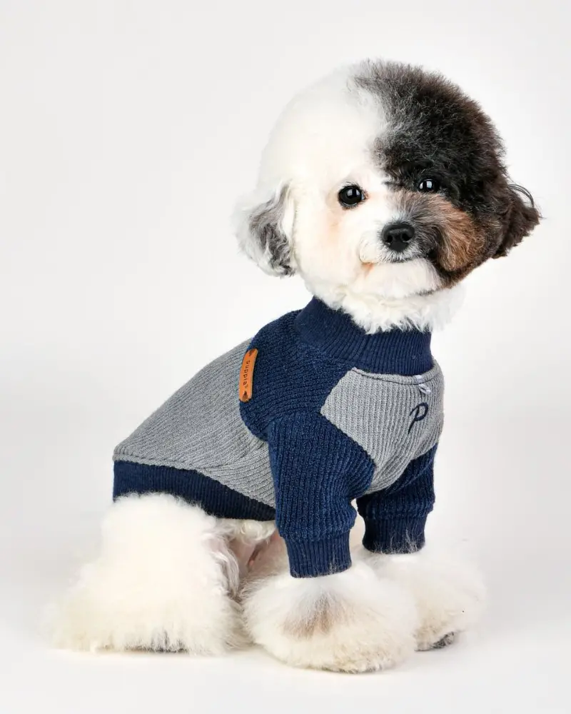 Ribbed Mock Neck Pullover Dog Shirt In Navy<Br>((Clearance)) 1