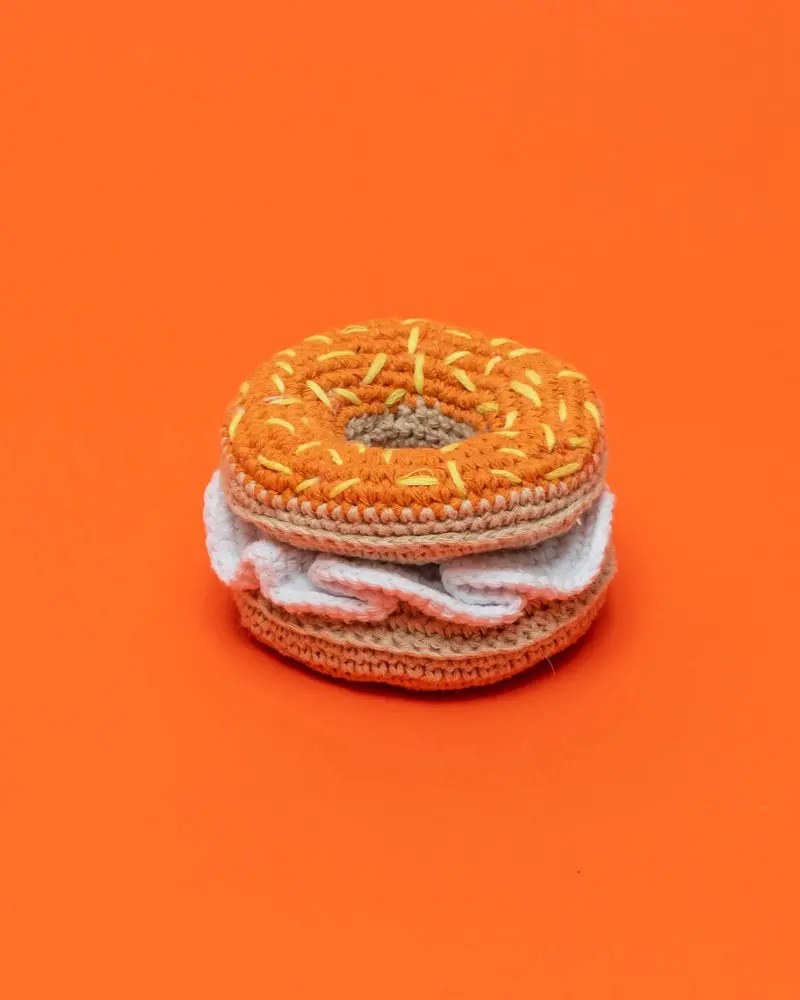 Hand Crochet Bagel & Cream Cheese Dog Toy 1