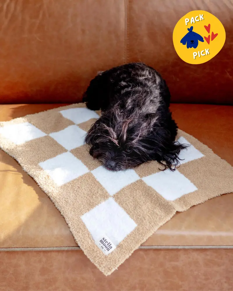 Luxe Check Dog Blanket In Sand 1