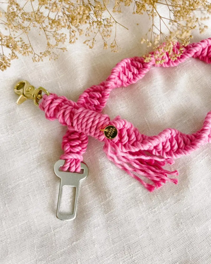 Macrame Seat Belt Dog Restraint In Hot Pink (Made In The Usa) 1