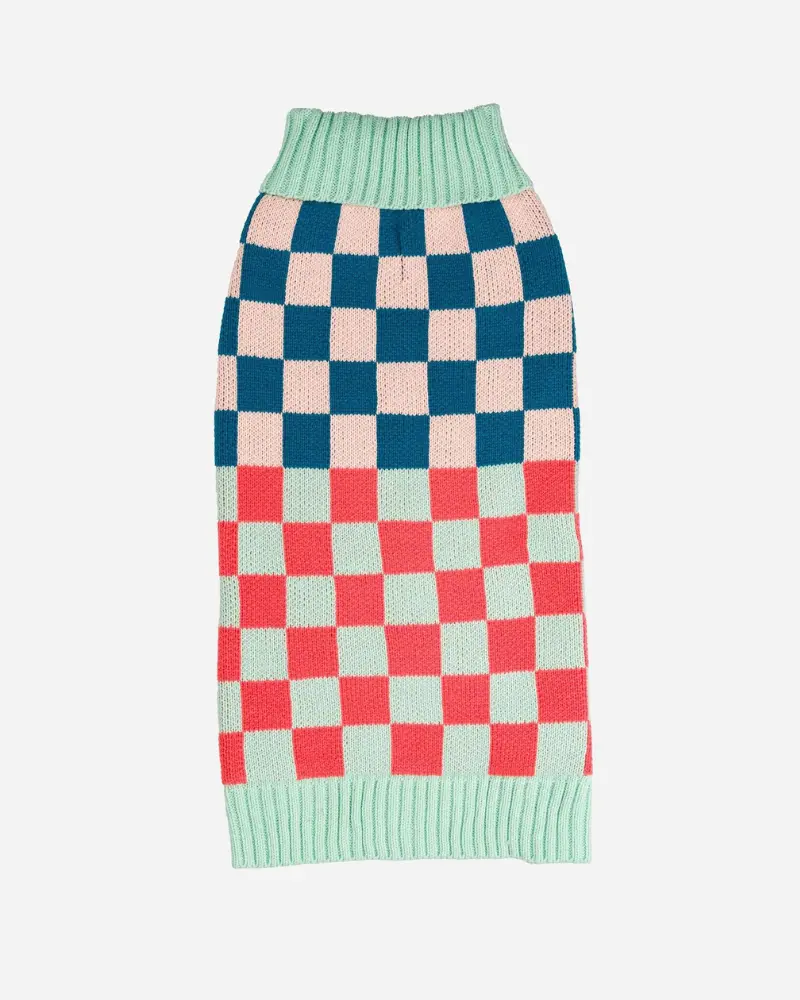 Checkerboard Dog Sweater In Melon & Jade (Final Sale) 1