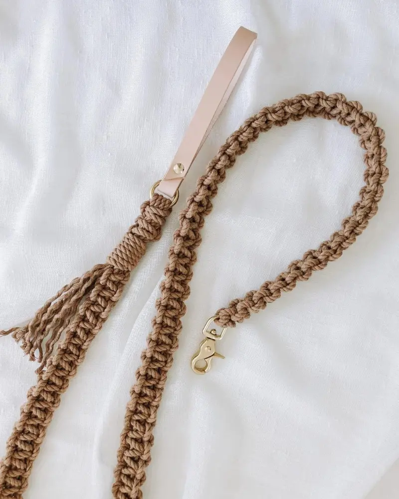 Macrame And Leather Dog Leash In Brown (Made In The Usa) 1