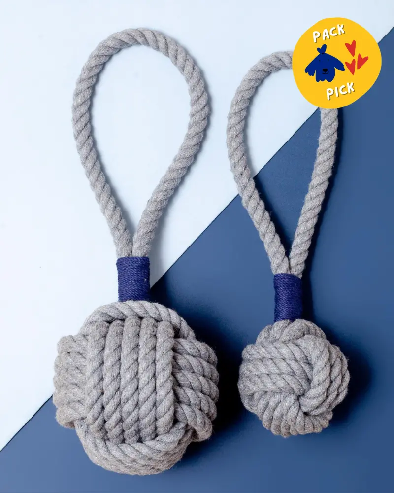 Monkey Fist Rope Dog Toy In Gray With Navy Whipping (Made In The Usa) 1