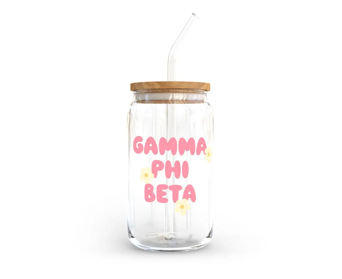 Gamma Phi Beta Glass Cup With Yellow Flowers 1