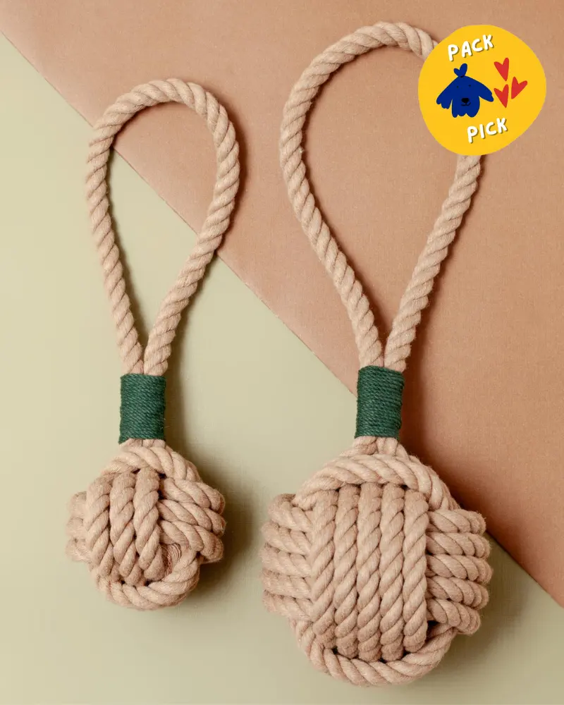 Monkey Fist Rope Dog Toy In Tan With Forest Green Whipping (Made In The Usa) 1