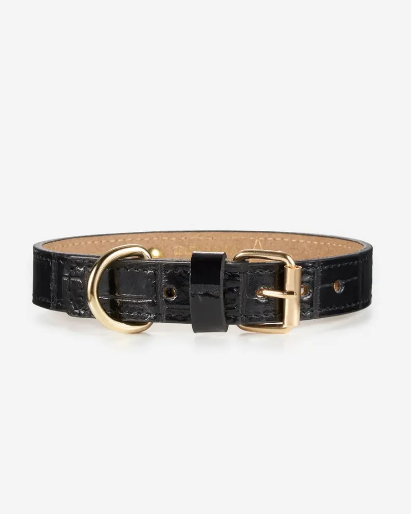 Lia Crocodile Print Leather Dog Collar In Black (Made In Italy) (Clearance) 3