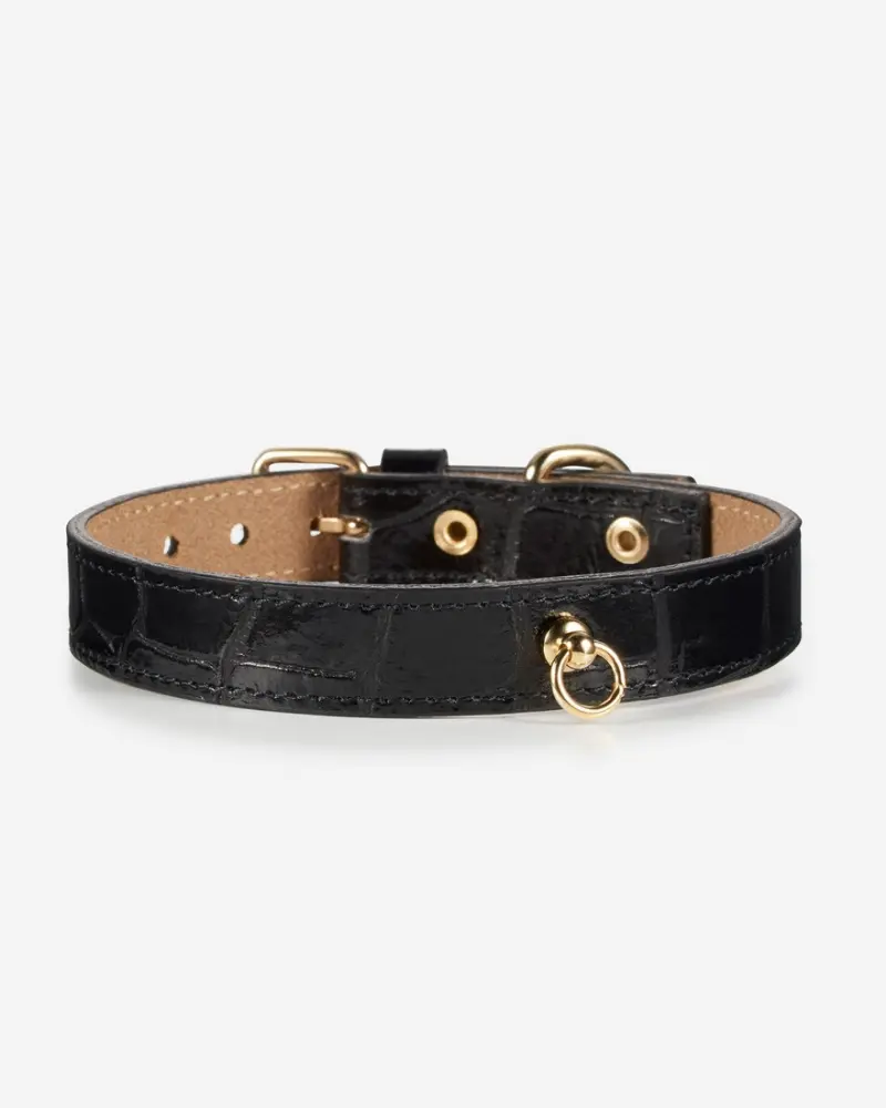 Lia Crocodile Print Leather Dog Collar In Black (Made In Italy) (Clearance) 2