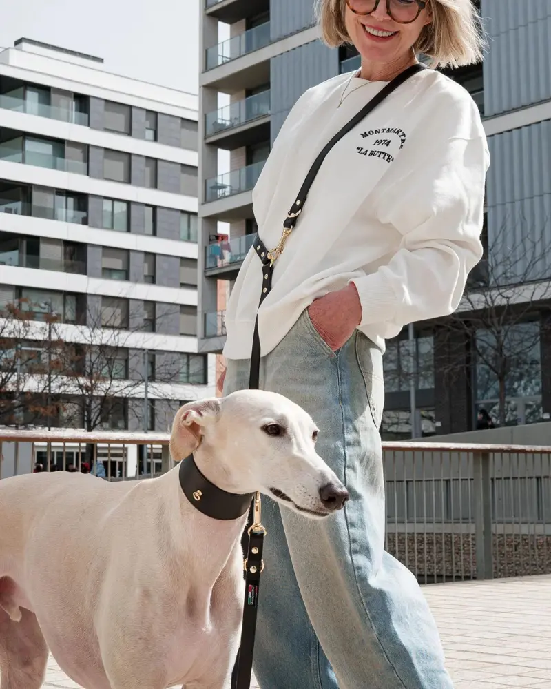 Black Nara Hands-Free Leather Dog Leash With Brass Hardware (Made In Italy) 1