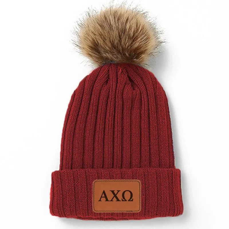 Alpha Chi Omega Leather Patch Pom Pom Knit Hat 1