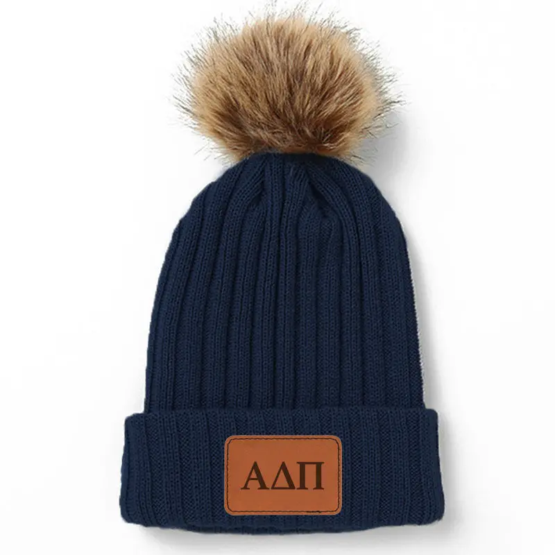 Alpha Delta Pi Leather Patch Pom Pom Knit Hat 1