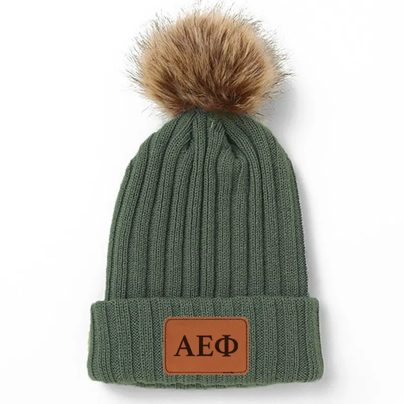 Alpha Epsilon Phi Leather Patch Pom Pom Knit Hat 1