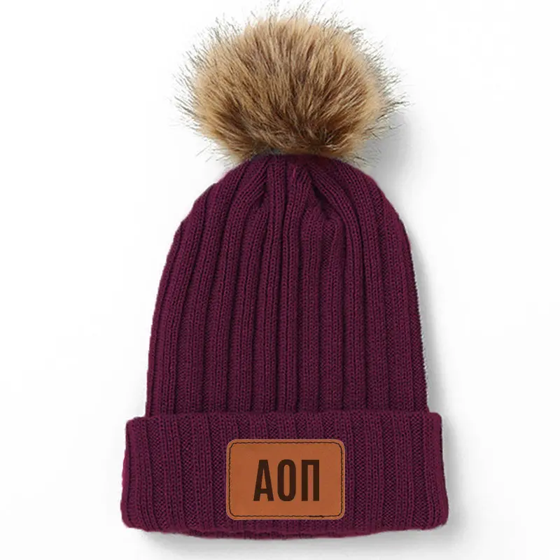 Alpha Omicron Pi Leather Patch Pom Pom Knit Hat 1