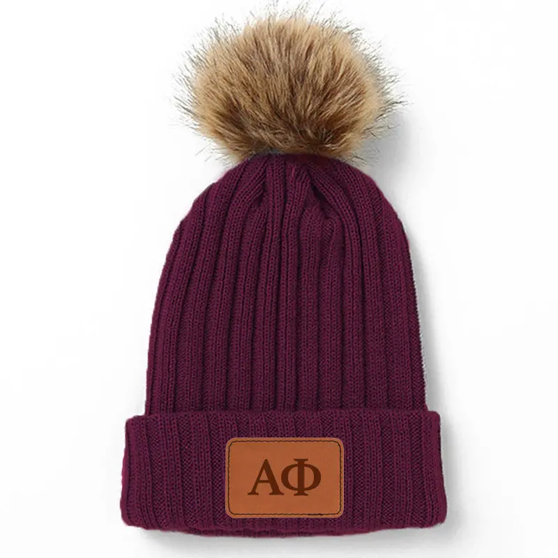 Alpha Phi Leather Patch Pom Pom Knit Hat 1