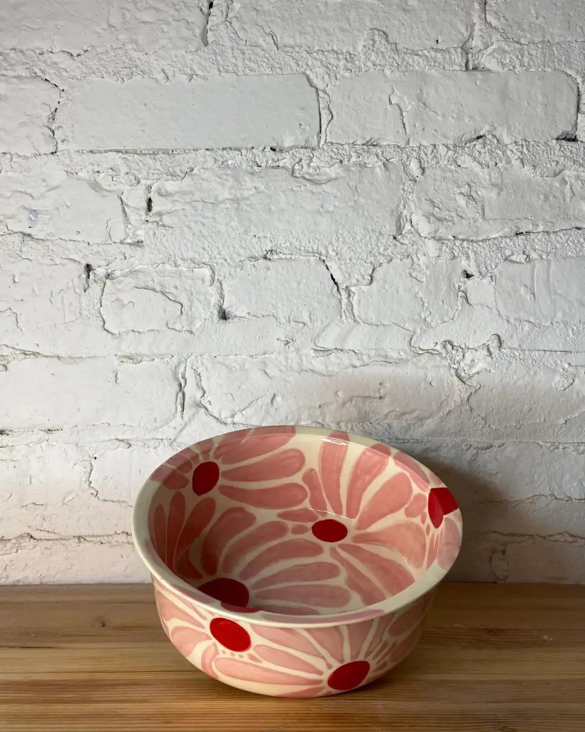Handmade Ceramic Dog Bowl In Pink & Red Retro Flower (Made In The Usa) 2