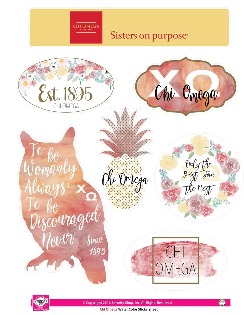 Chi Omega Watercolor Sticker Sheet 1
