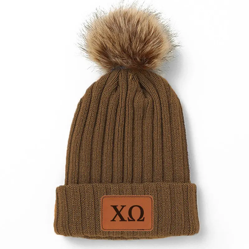 Chi Omega Leather Patch Pom Pom Knit Hat 1
