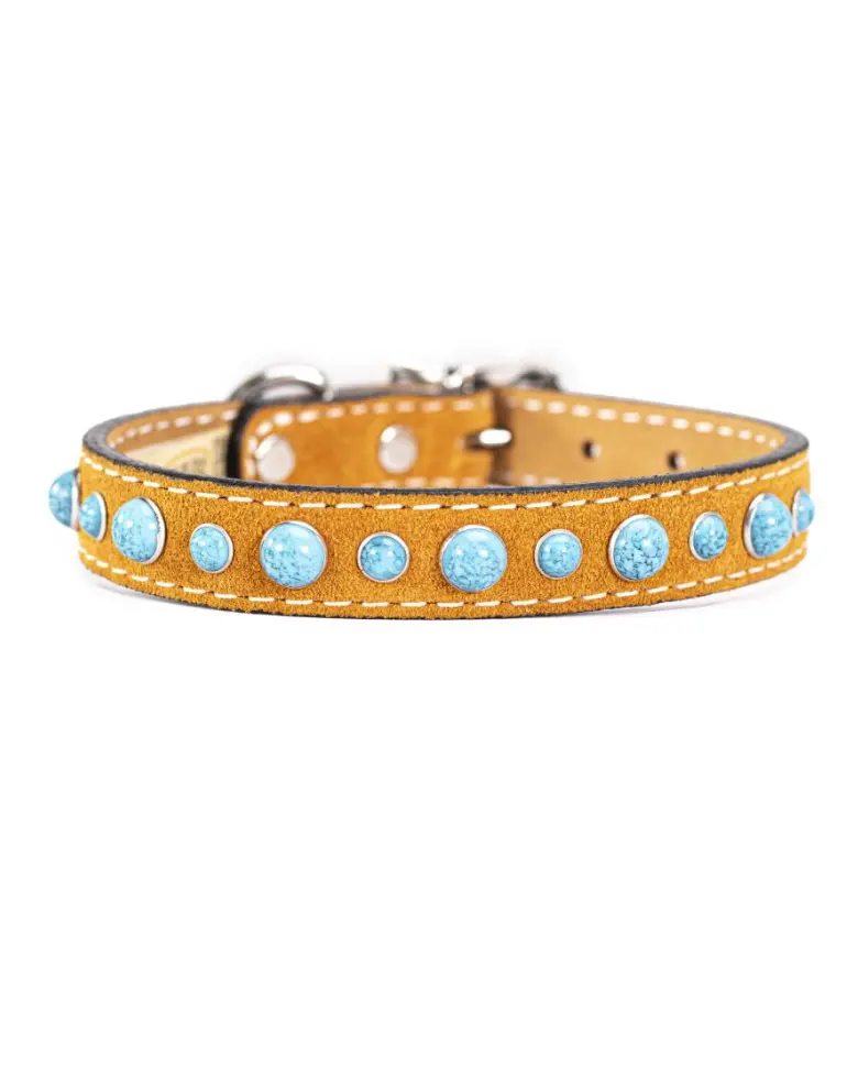 Cabachon Turquoise Dog Collar In Tan Suede (Made In The Usa) 1