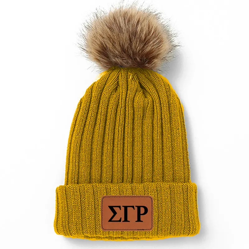 Sigma Gamma Rho Leather Patch Pom Pom Knit Hat 1
