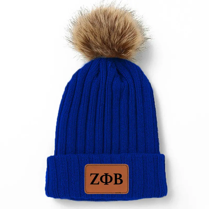 Zeta Phi Beta Leather Patch Pom Pom Knit Hat 1