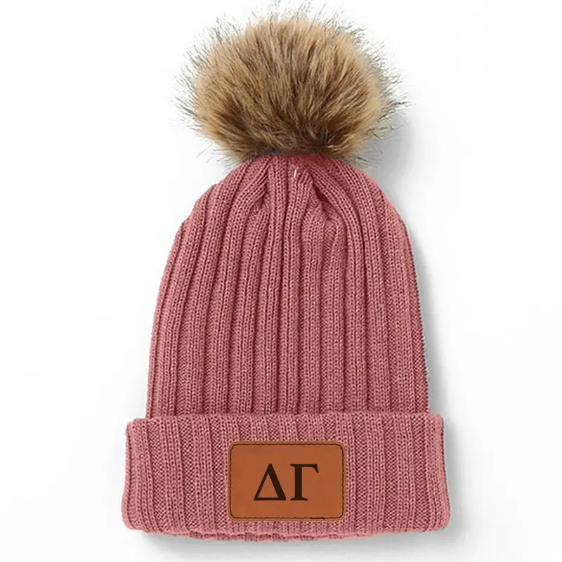 Delta Gamma Leather Patch Pom Pom Knit Hat 1