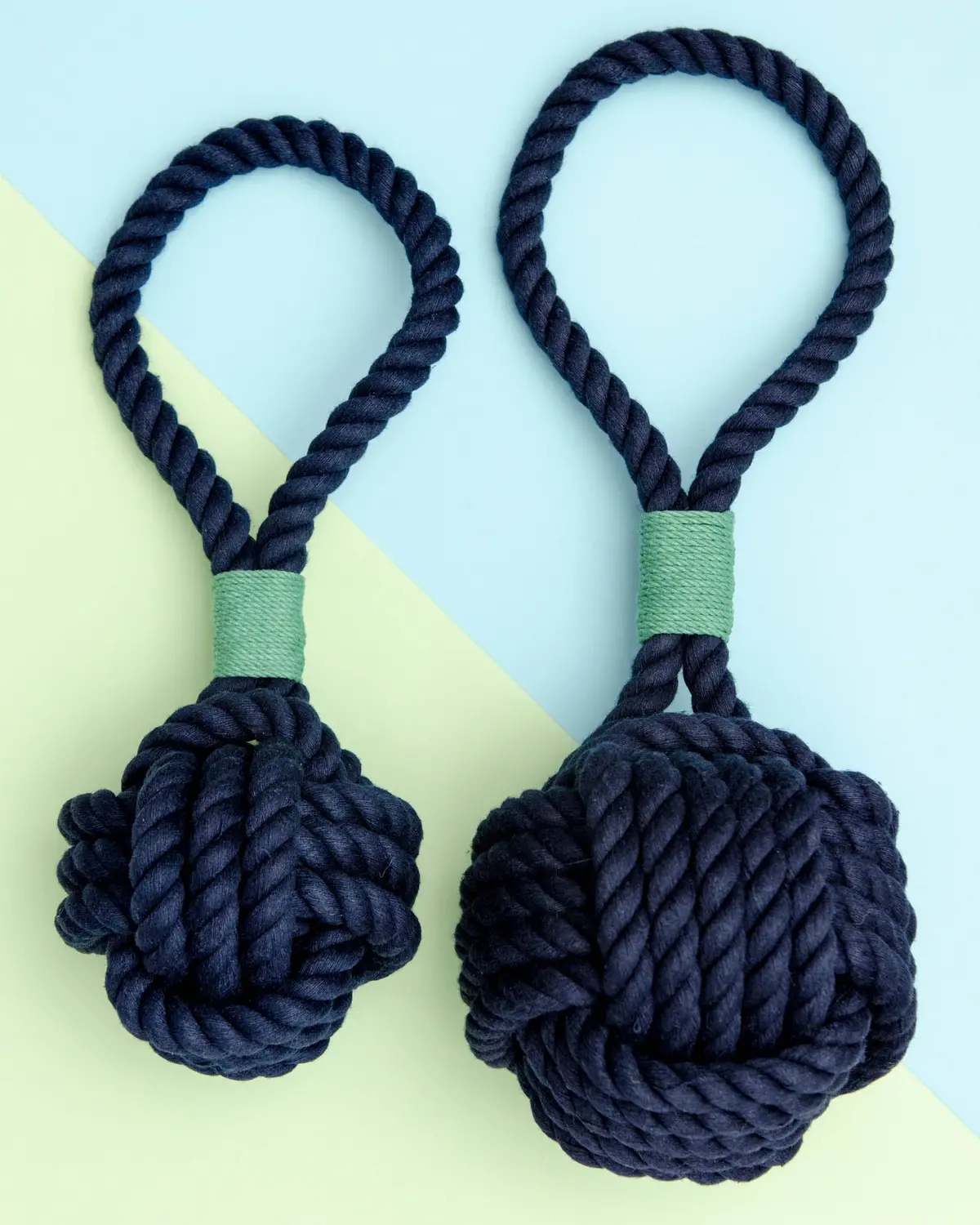 Monkey Fist Rope Dog Toy In Navy With Green Whipping (Made In The Usa) 2