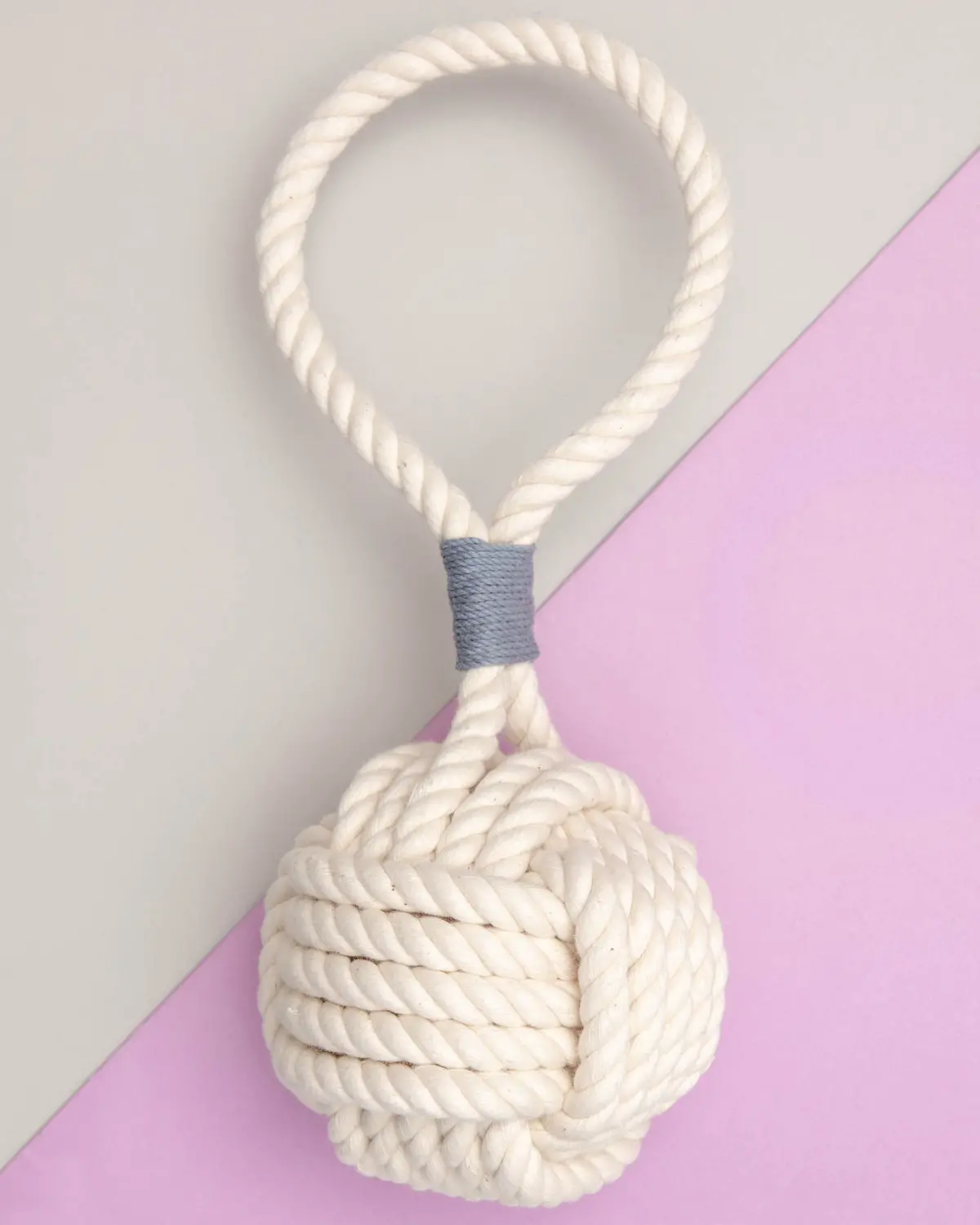 Monkey Fist Rope Dog Toy In White With Grey Whipping (Made In The Usa) 1