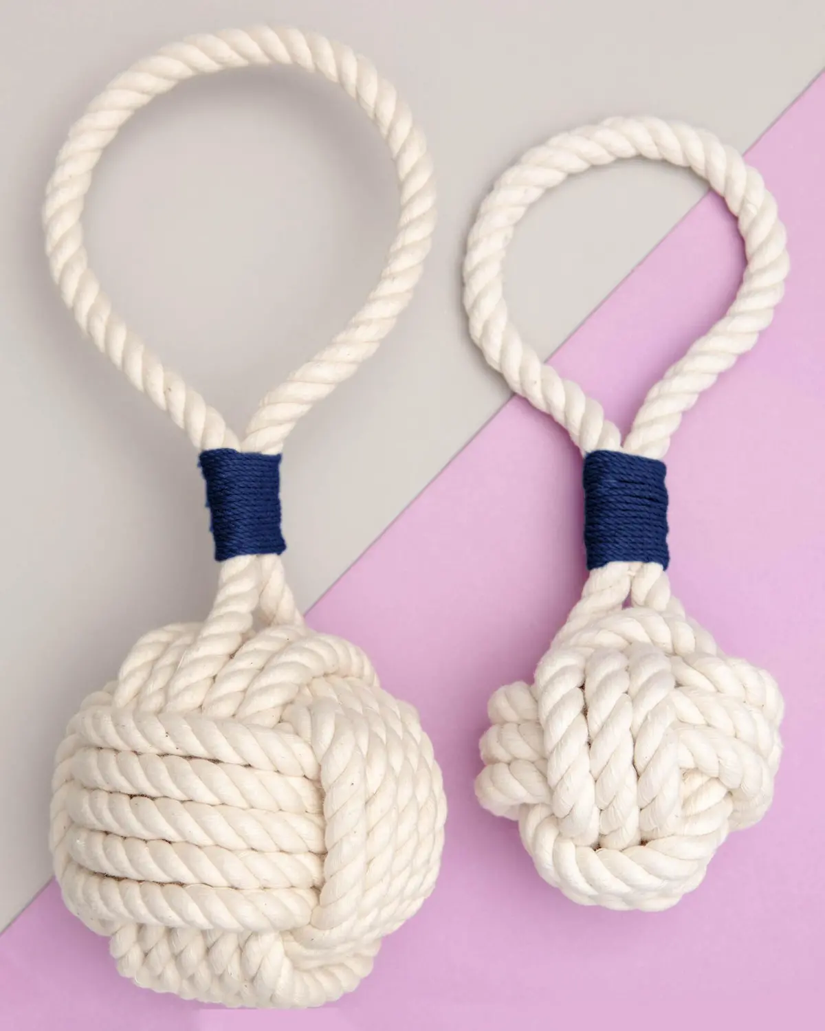 Monkey Fist Rope Dog Toy In White With Navy Whipping (Made In The Usa) 1