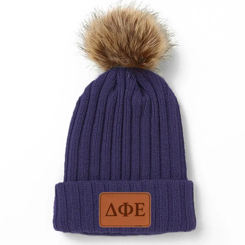 Delta Phi Epsilon Leather Patch Pom Pom Knit Hat 1