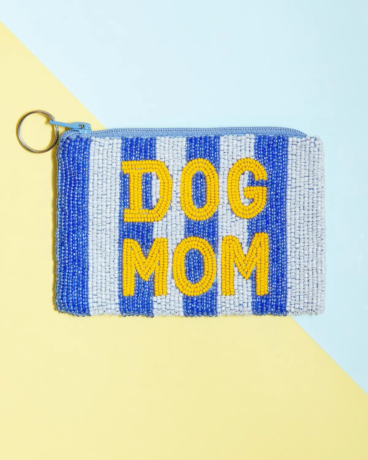 Dog Mom Beaded Coin Purse In Blue & White Stripe 1