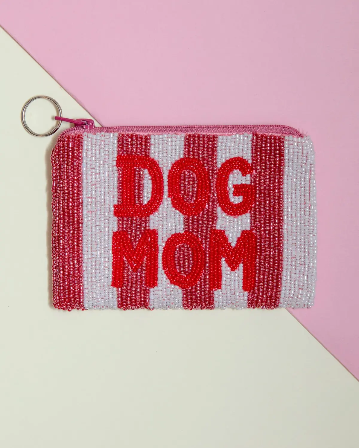 Dog Mom Beaded Coin Purse In Pink & White Stripe 1