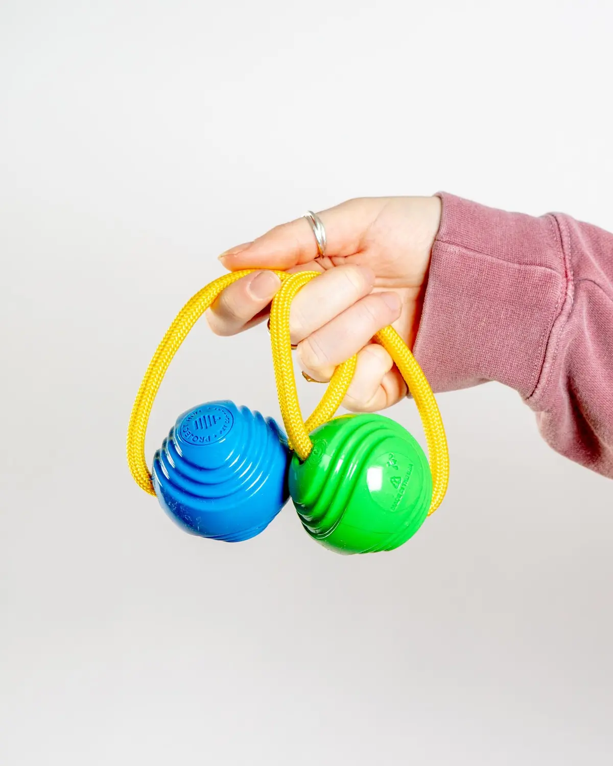 Looped Balls Tug & Fetch Rubber Dog Toys In Green & Blue (Made In The Usa) 1