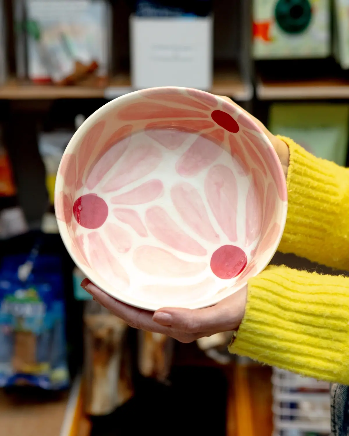 Handmade Ceramic Dog Bowl In Pink & Red Retro Flower (Made In The Usa) 1