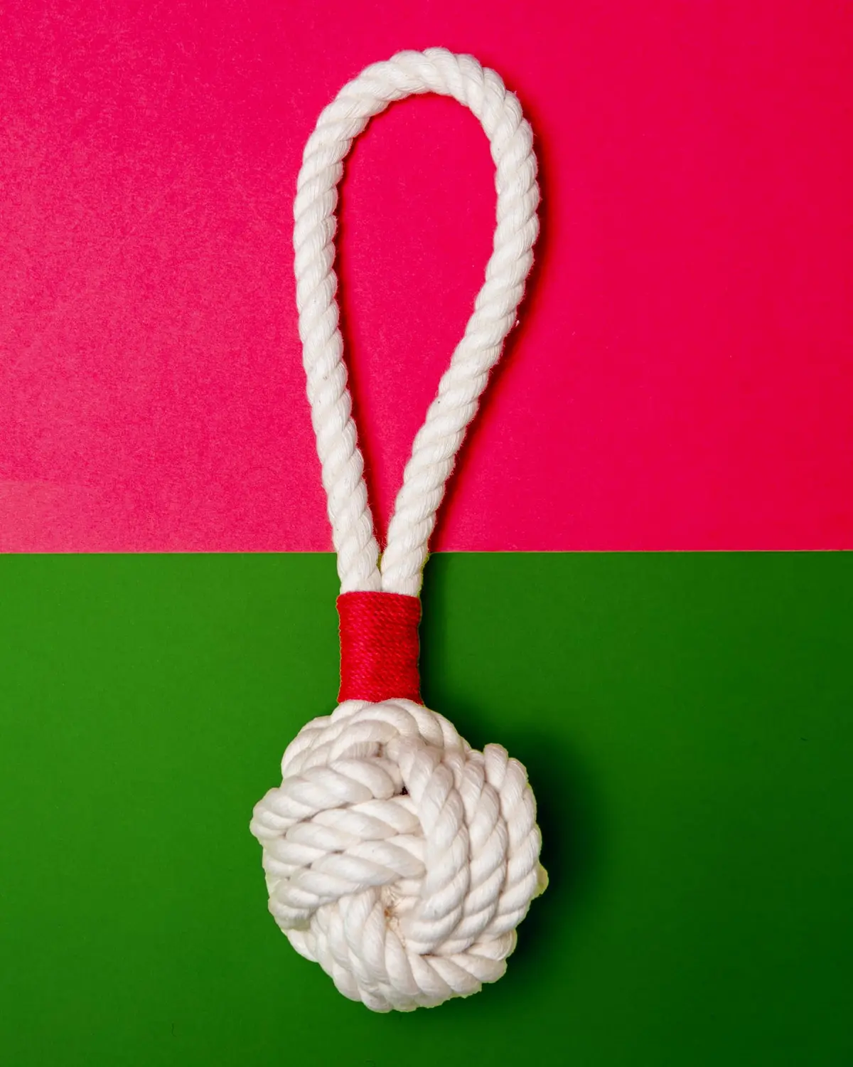 Monkey Fist Rope Dog Toy In White With Red Whipping (Made In The Usa) 1