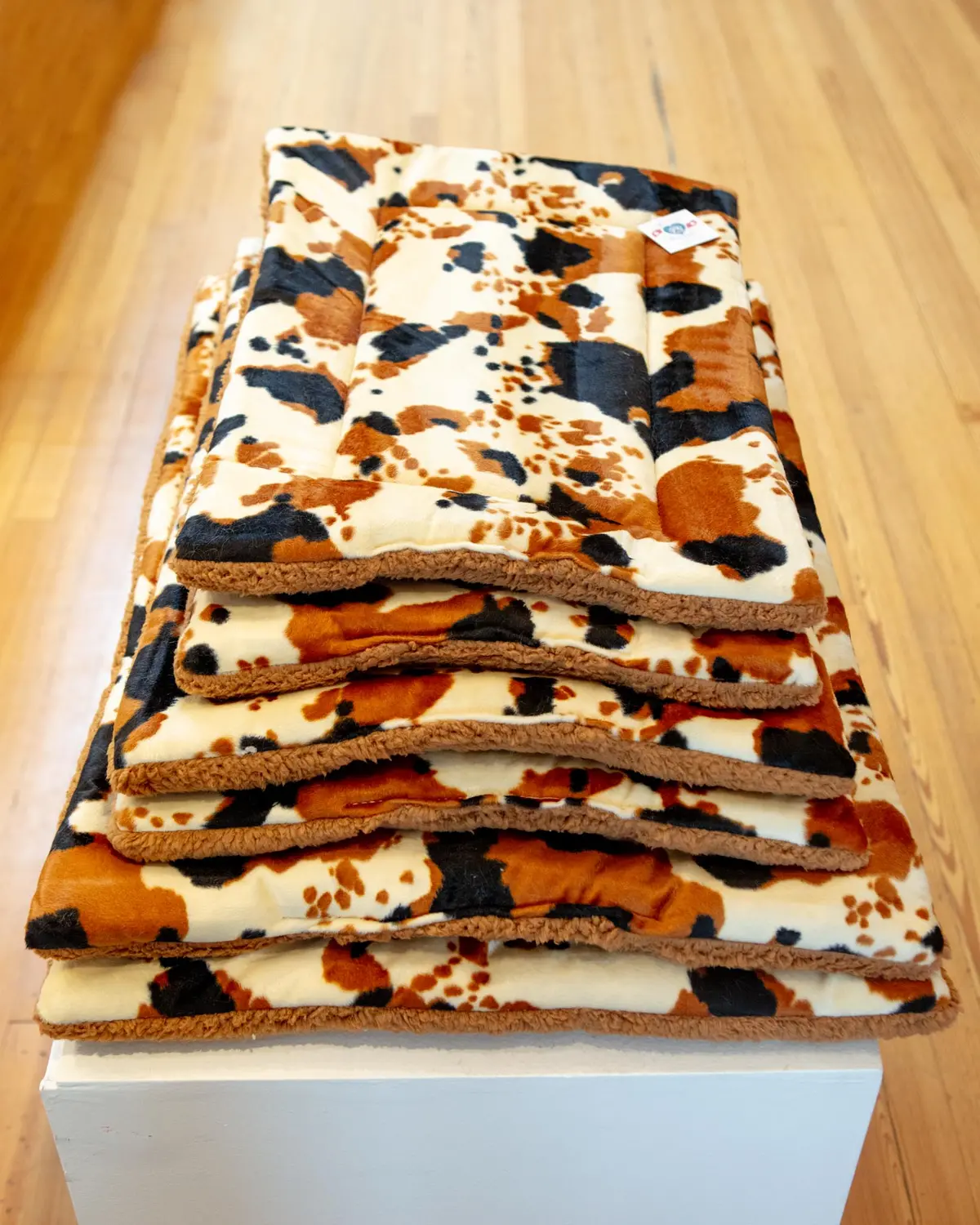 Tan Cow Print Velboa Fur Fleece Pet Napping Mat (Made In The Usa) 1