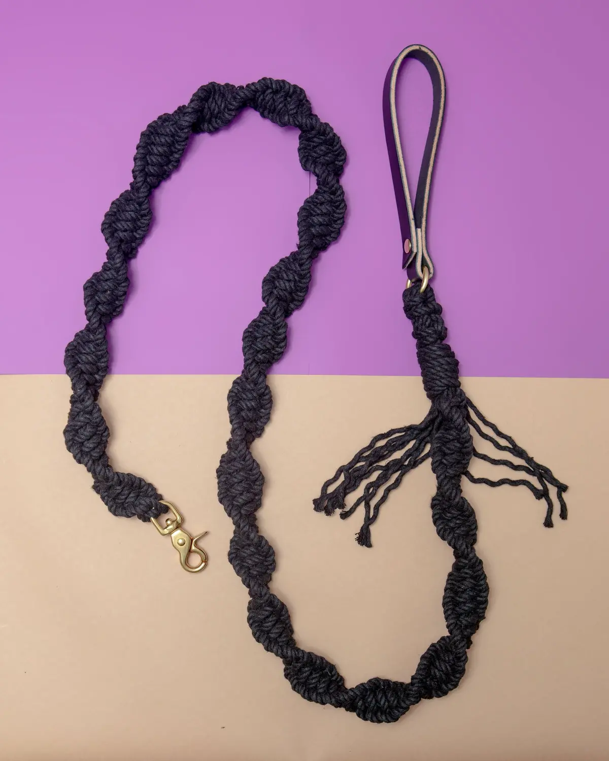 Macrame And Leather Dog Leash In Black (Made In The Usa) 1