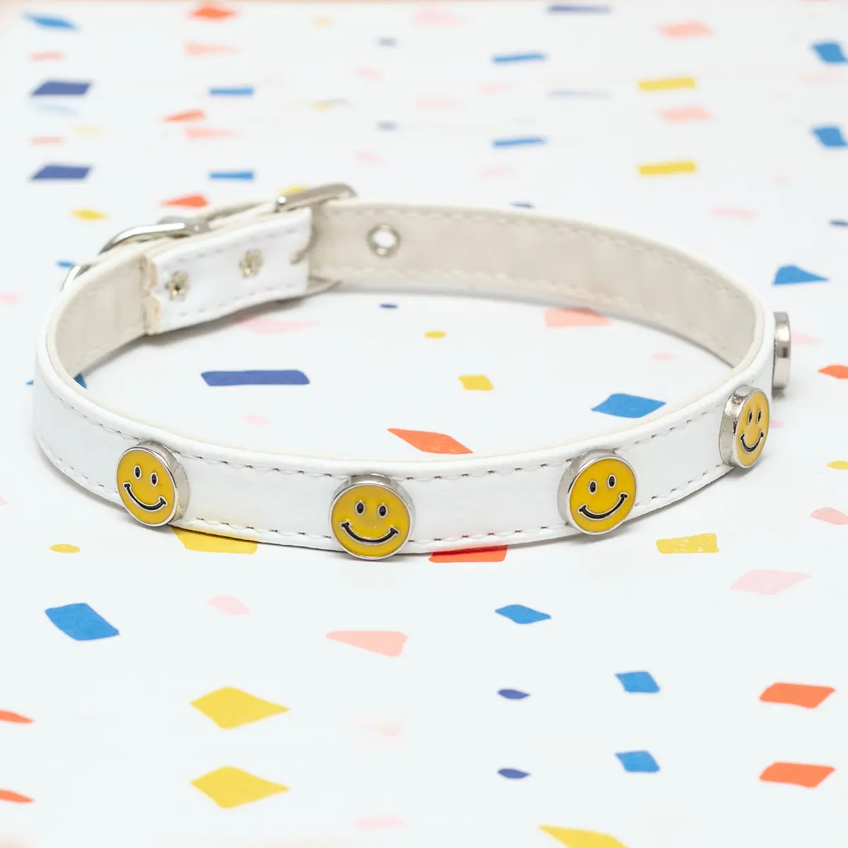 Smiley Face Vegan Leather Dog Collar In White (Made In The Usa) 1