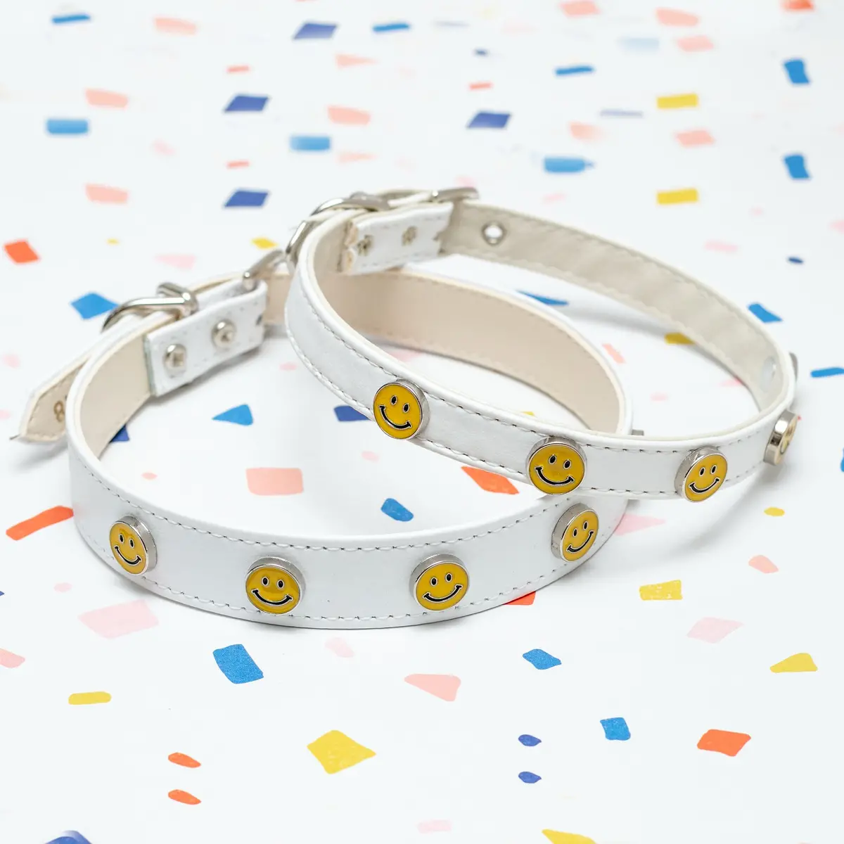 Smiley Face Vegan Leather Dog Collar In White (Made In The Usa) 3