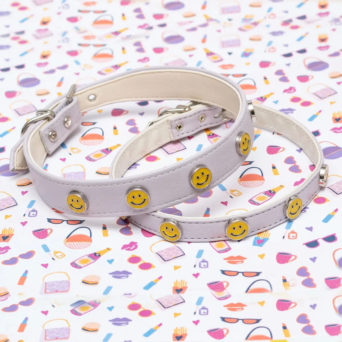 Smiley Face Vegan Leather Dog Collar In Lightest Lilac (Made In The Usa) << Final Sale >> 1
