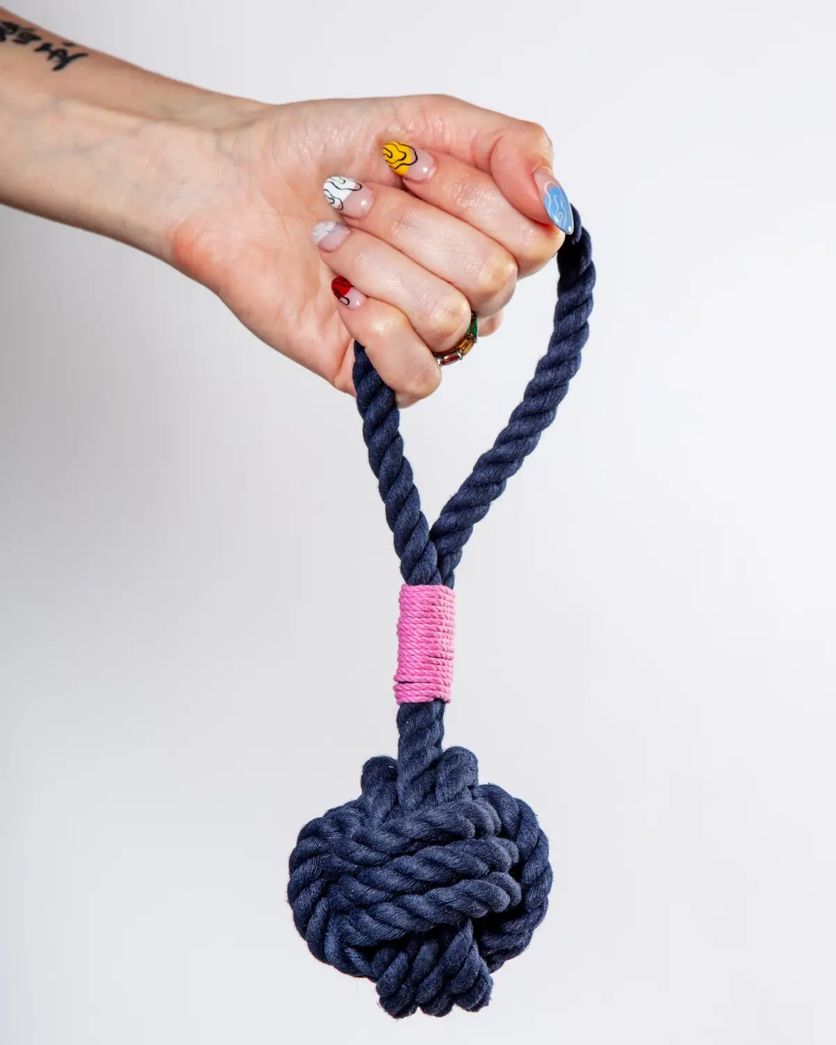Monkey Fist Rope Dog Toy In Navy With Pink Whipping (Made In The Usa) 1