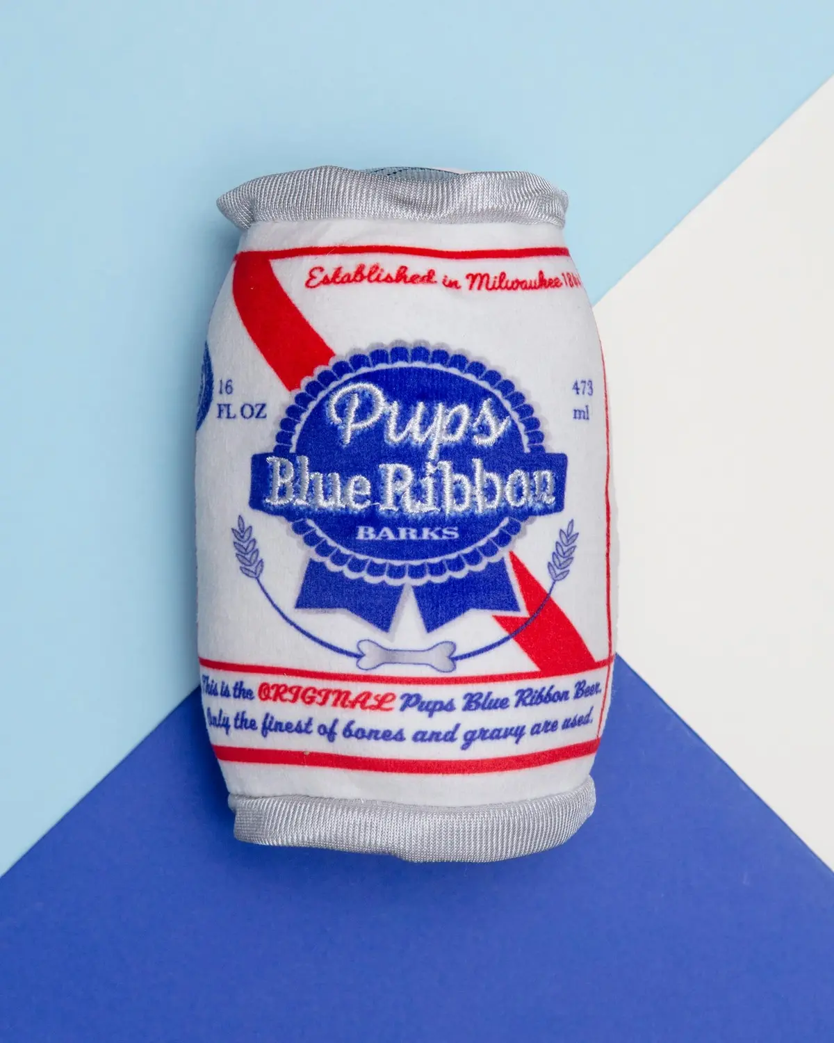 Pups Blue Ribbon Beer Can Squeaky Plush Dog Toy 1