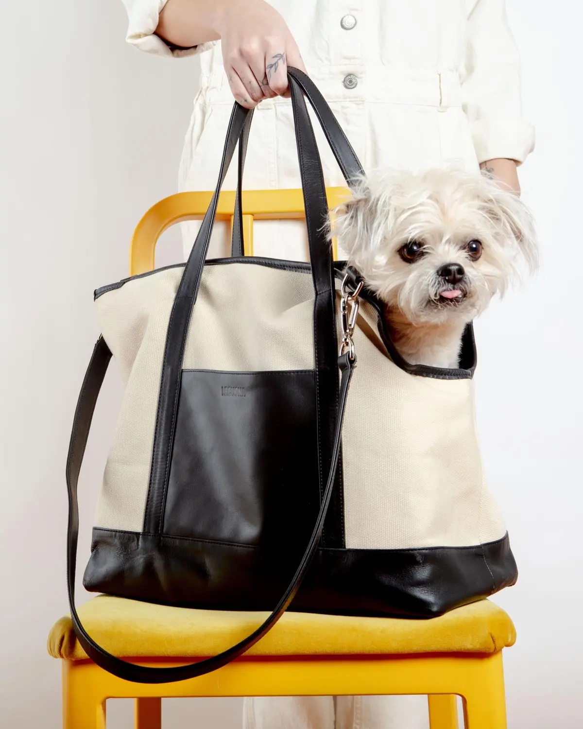 Black Leather & Natural Canvas Luxe Dog Carrier (Made In Mexico)(Dog & Co. Exclusive) (Final Sale) 1