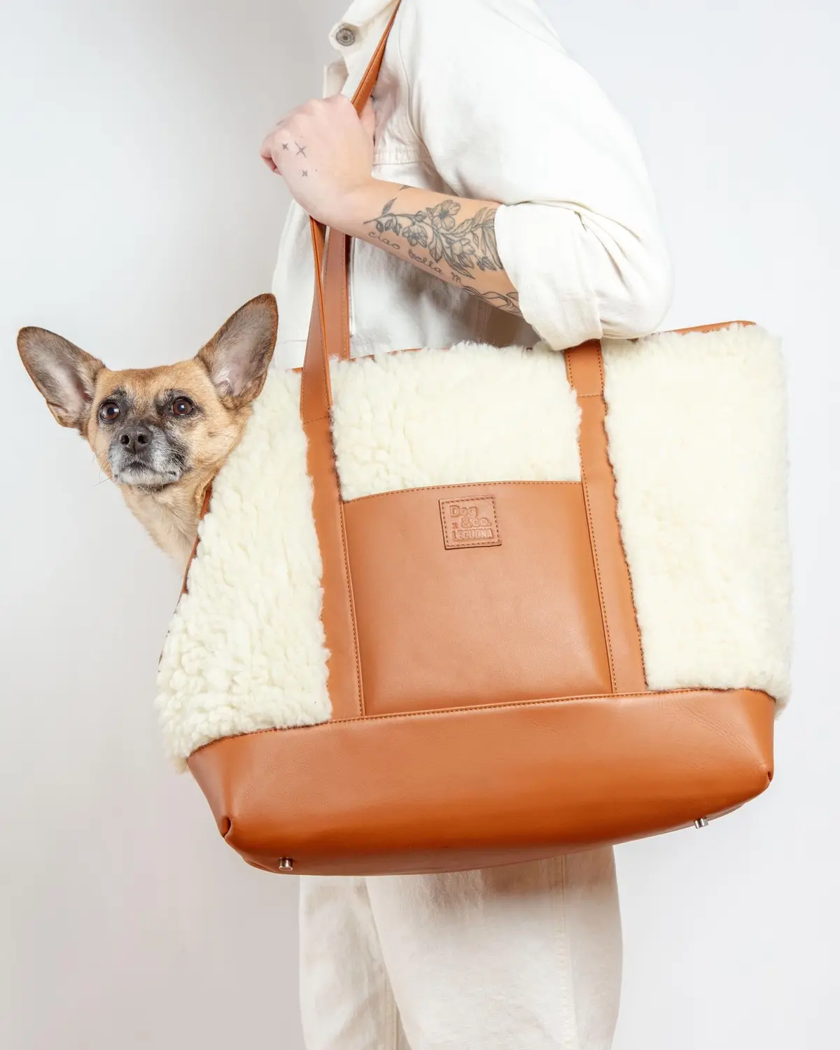 Tan Leather & Cream Shearling Luxe Dog Carrier (Dog & Co. Exclusive) (Clearance) 1