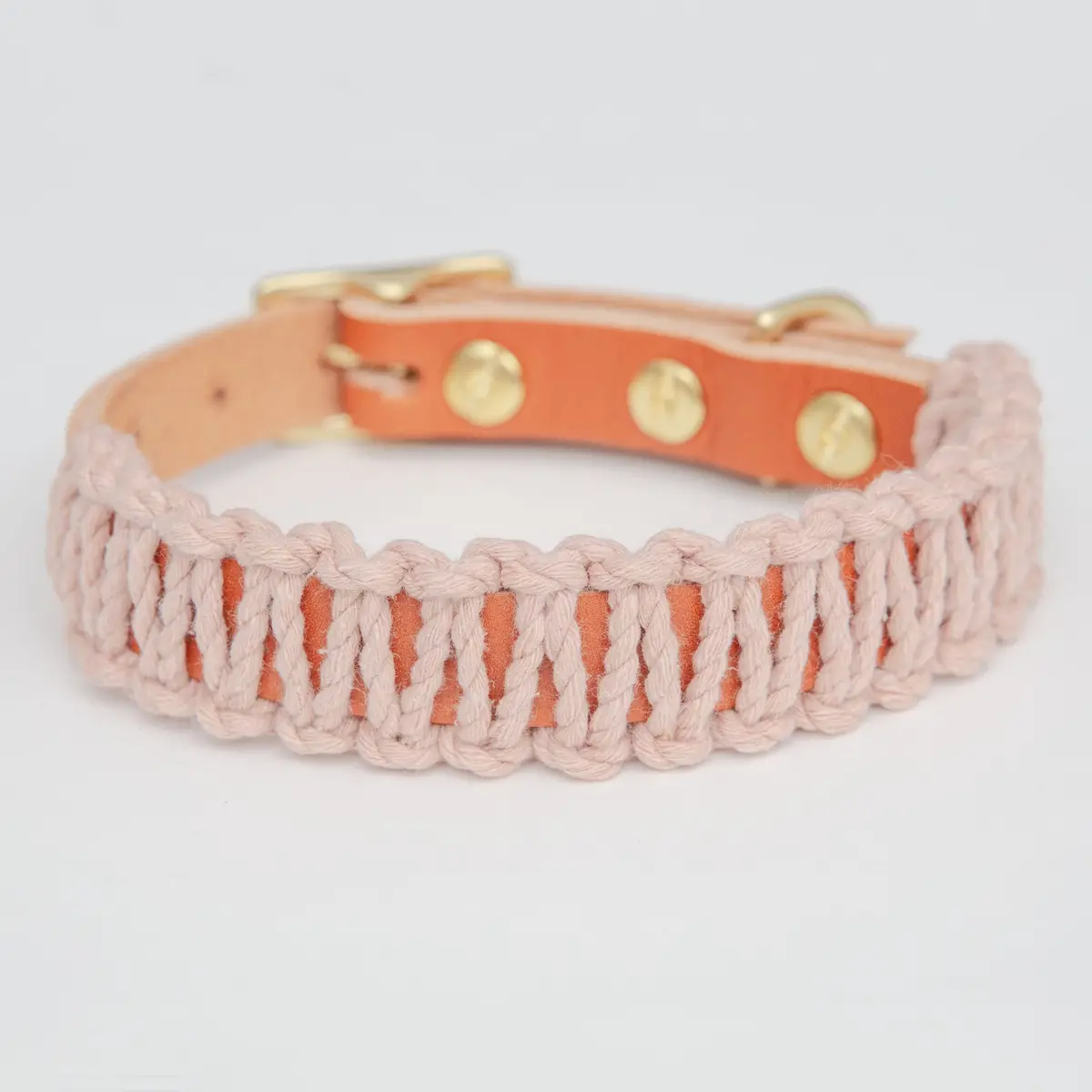 Macrame & Leather Dog Collar In Blush W/ Caramel (Made In The Usa) (Clearance) 1