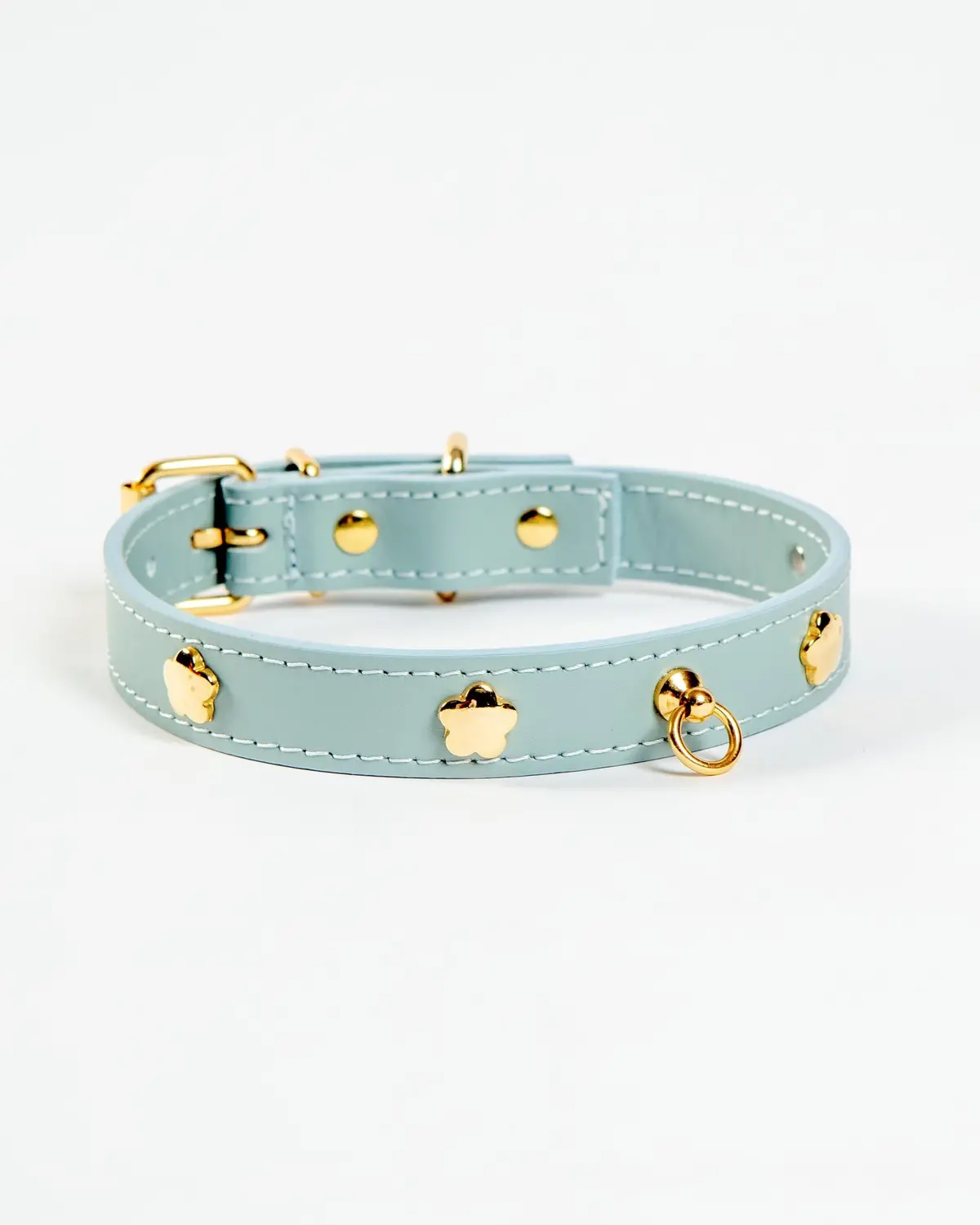 Sky Blue Nara Leather Dog Collar With Brass Flowers (Made In Italy) 1