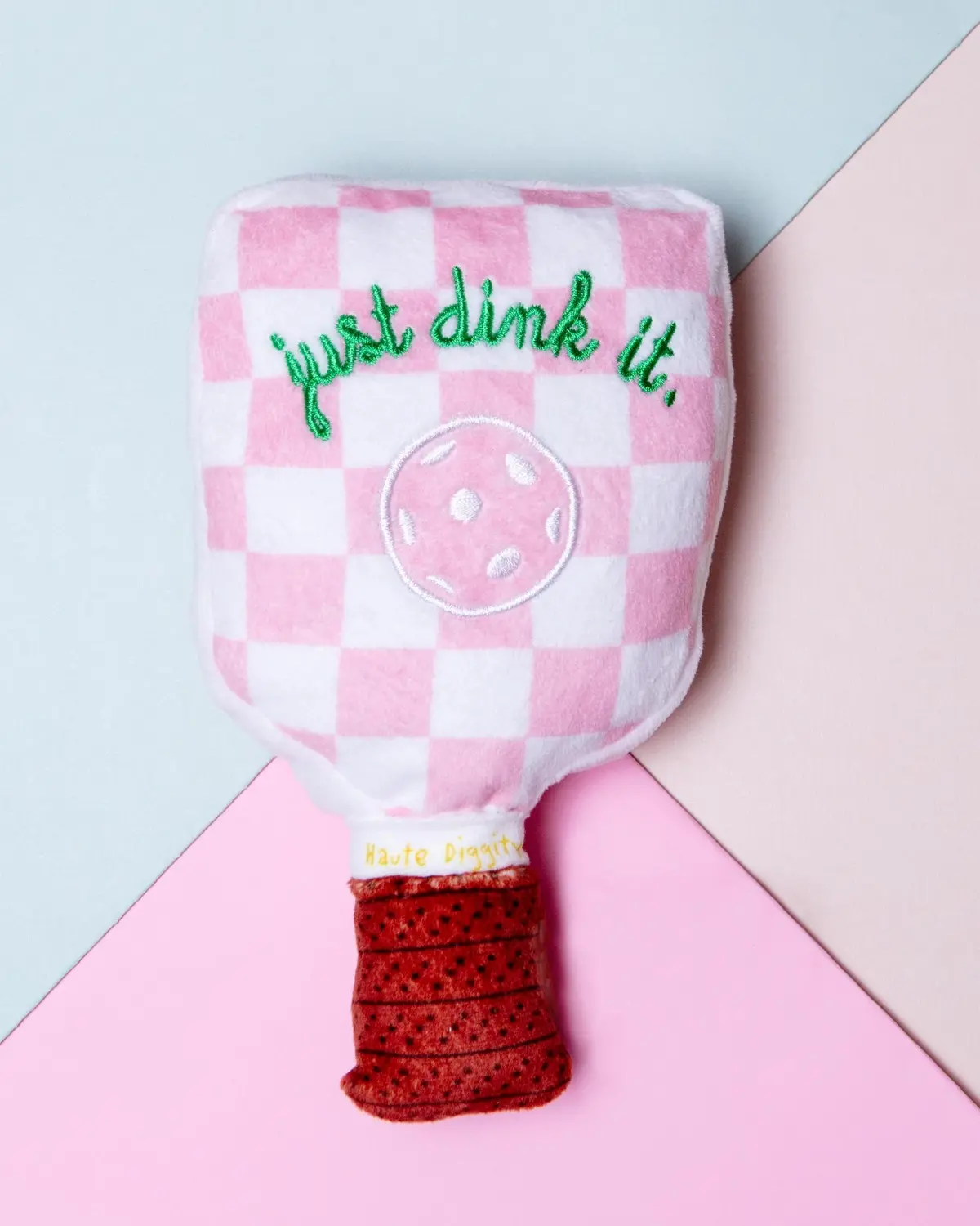 Pink Check Pickleball Paddle Plush Squeaky Dog Toy 1